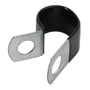 The AGCO | CLAMP - AG561753 is a metal clamp with two flanged ends and a hole in each end, designed for securing pipes or cables. The clamp features a partial black protective coating. No additional current product description information is available.