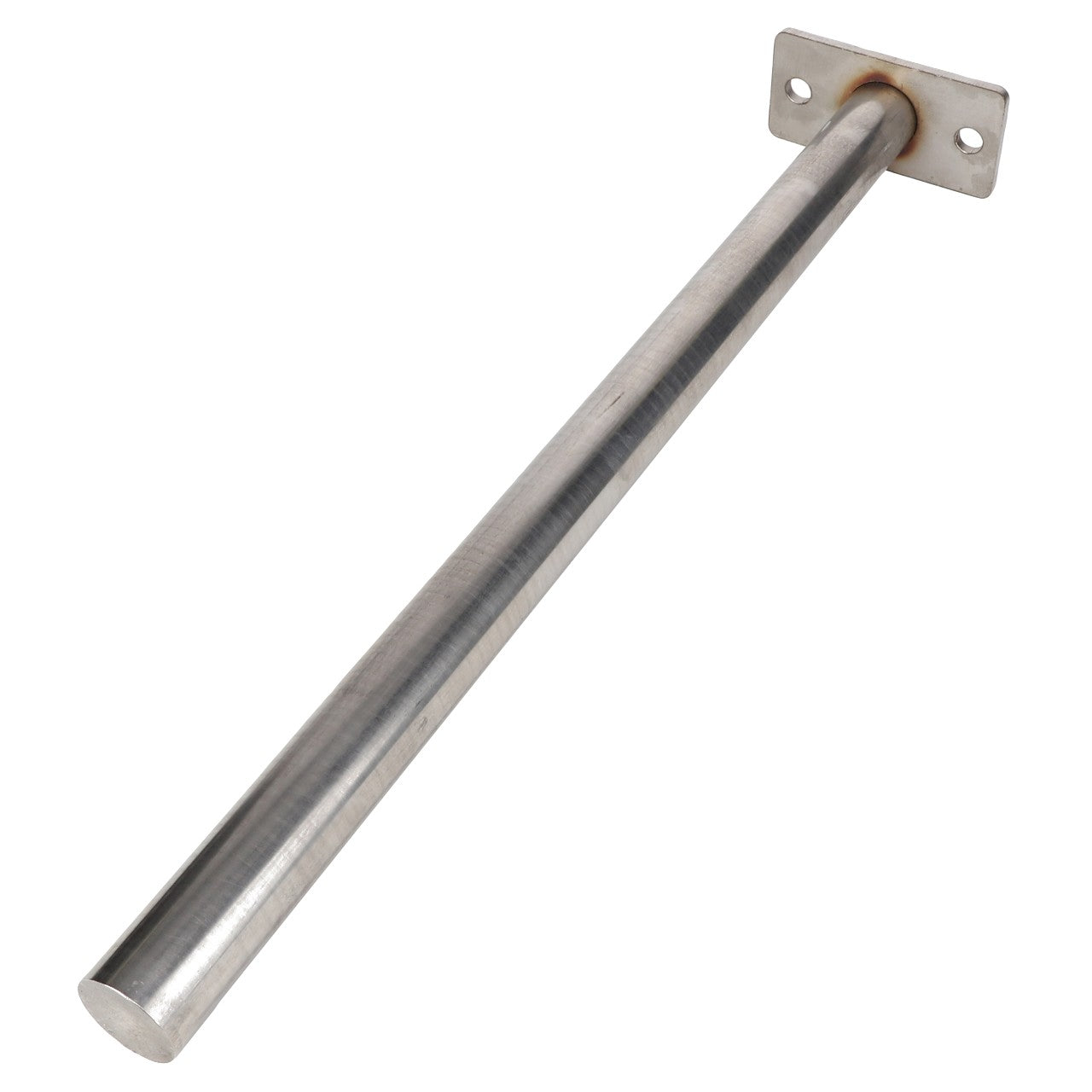 The AGCO SHAFT - AG059322 is a cylindrical metal rod with a flat rectangular base plate featuring four precisely drilled holes.