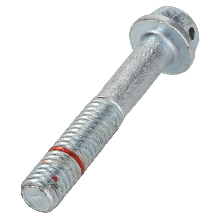 A close-up of the AGCO Bolt - Acp0208030, featuring a metal bolt with a threaded shaft, showcasing a red mark near the threads and a head with a recessed socket.