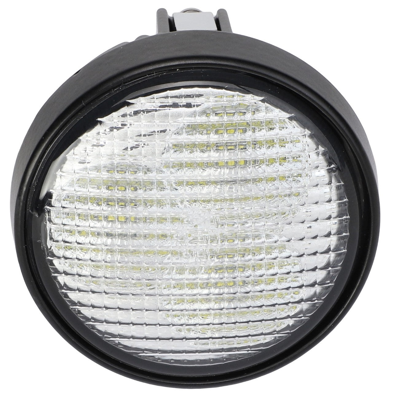 The AGCO Worklight - H218Pb1002050 is a round, black-framed LED light with a textured, clear lens cover, designed for automotive or industrial use and is ideal for enhancing visibility on vehicles such as Valtra tractors.