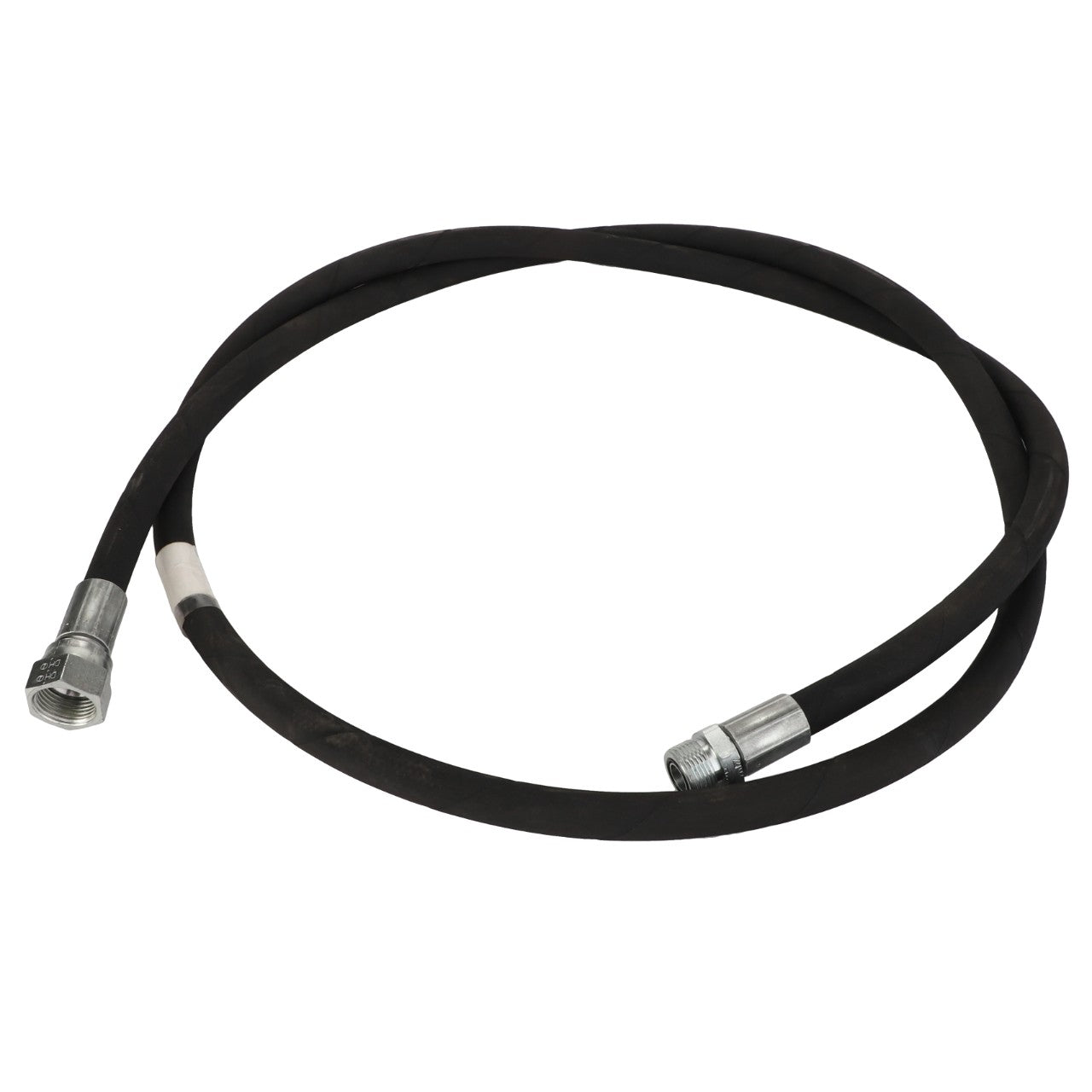 Introducing the AGCO | Hose - Acp0319180, a black rubber hose featuring durable metal connectors at both ends, coiled in a circular shape and designed for versatile use. Though it currently lacks a detailed description, this product by AGCO promises reliable functionality.