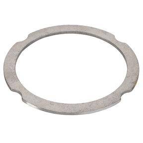 The AGCO Compensating Ring - F007200210310 is a flat, circular metal washer featuring four symmetrical cutouts around its edge. No current product description is available for this item.