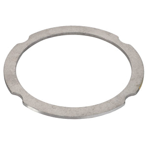 The AGCO Compensating Ring - F007200210310 is a flat, circular metal washer featuring four symmetrical cutouts around its edge. No current product description is available for this item.