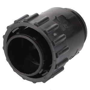 The AGCO Connector - D45010012 is a black plastic threaded fitting with a ribbed exterior for grip, currently without product description information available.