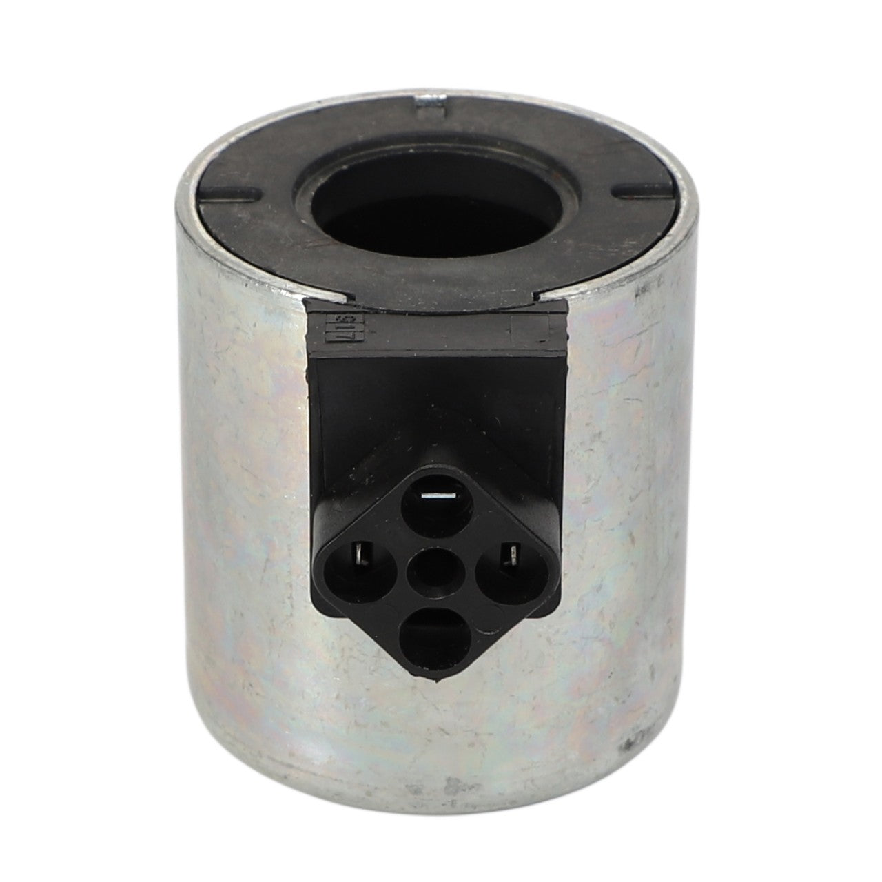 The AGCO Solenoid - Al516140 is a cylindrical metallic component with a black plastic section containing three holes, making it ideal for use in Massey Ferguson machinery.