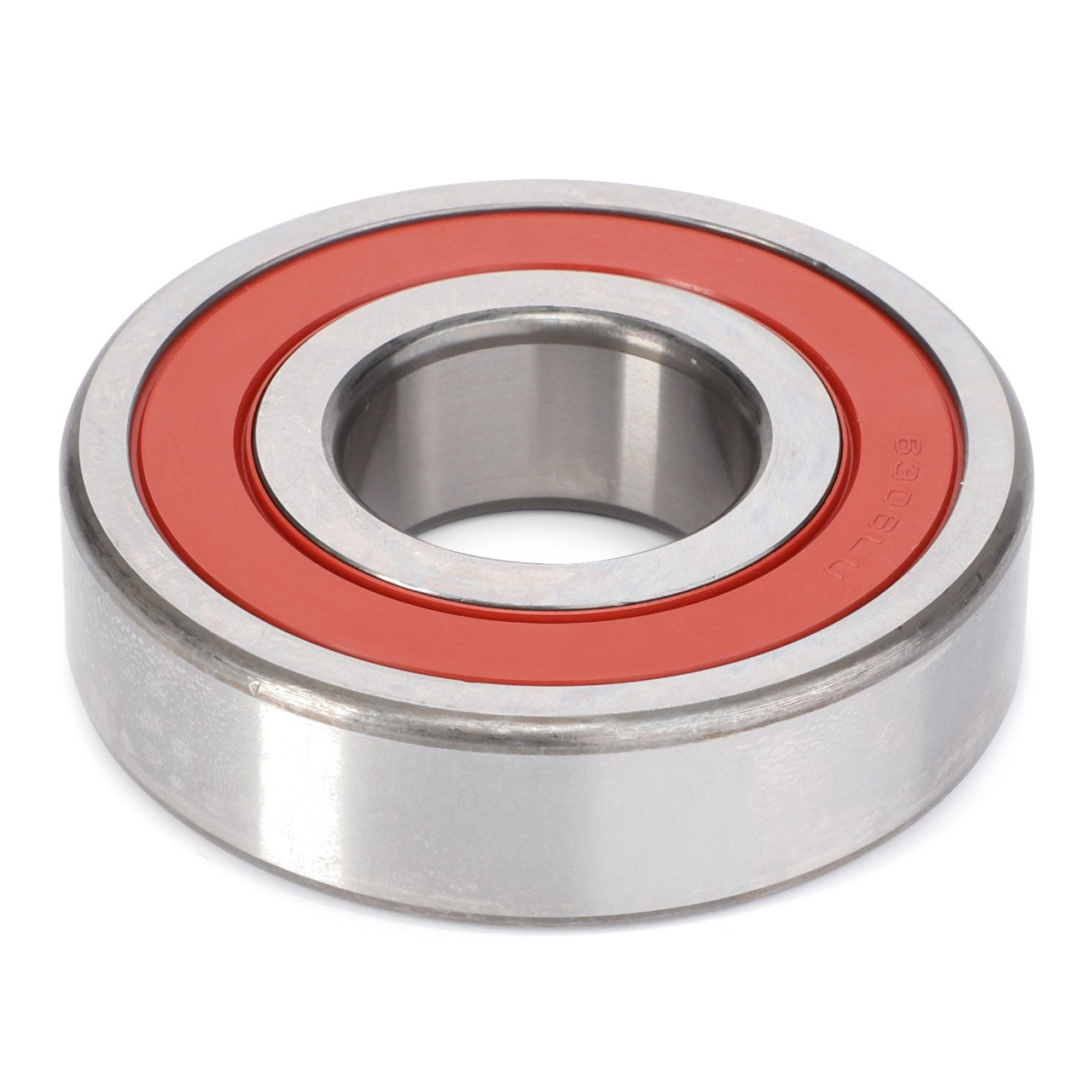 A close-up image of the AGCO Ball Bearing - F934201040100 with a red rubber seal in the middle, designed to handle radial and axial loads while minimizing rotational friction, surrounded by metal.