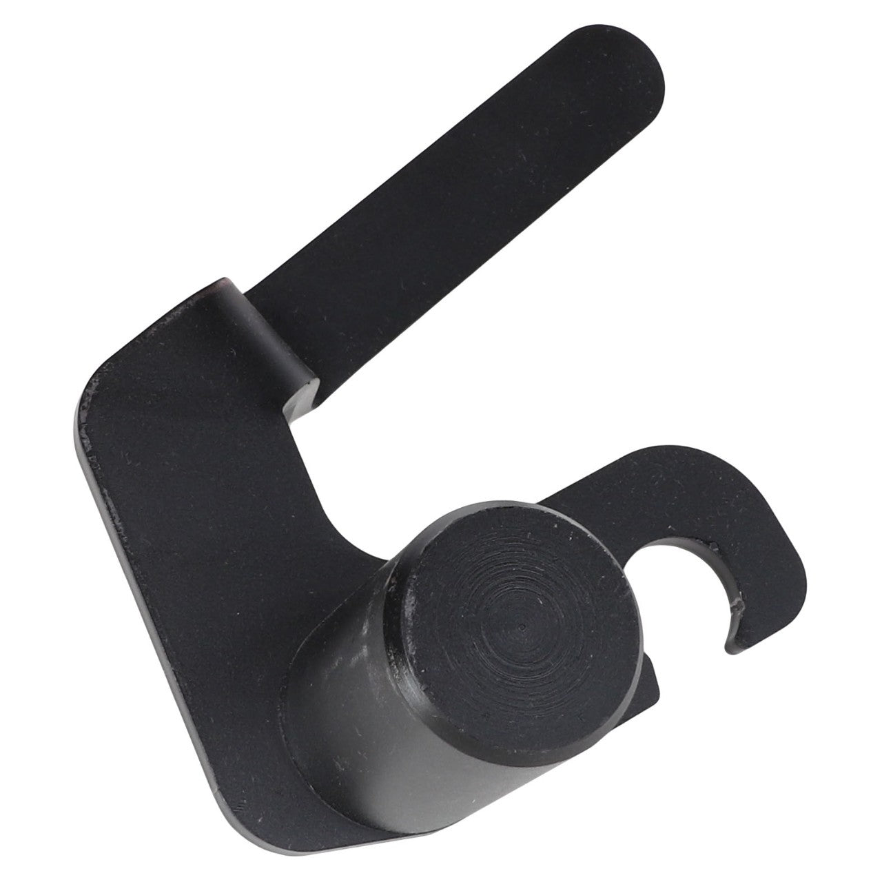 The AGCO | LOCK PIN - AL5220728 is a black metal tool featuring a cylindrical base and two protruding flat sections, one of which ends in a hook.