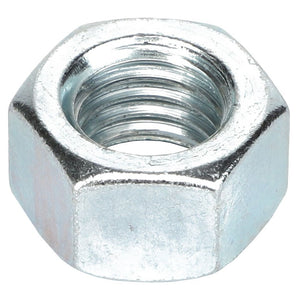 A close-up view of the AGCO | HEX NUT - AG550477, a shiny hexagonal metal nut with internal threading, commonly used in conjunction with a bolt for fastening purposes by the brand AGCO. No current product description information is available.