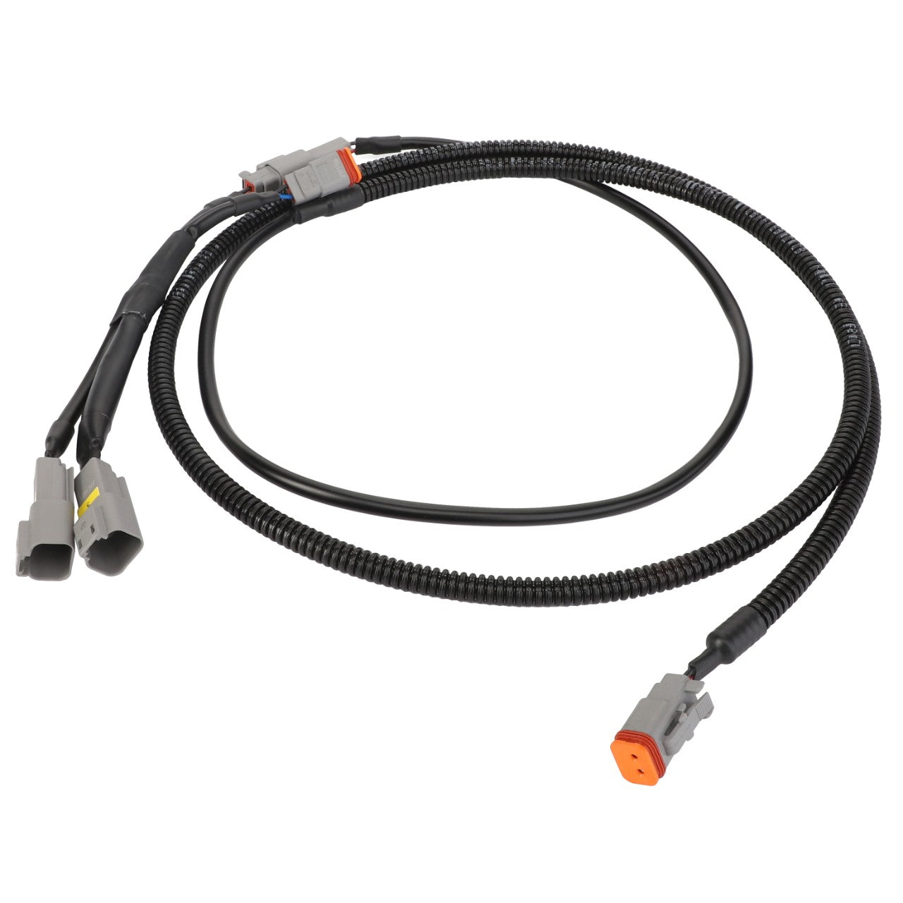 The AGCO Cable - Acp0378040, a black electrical wiring harness by AGCO, features connectors at both ends with two gray and one orange connector. Currently, there is no detailed product description available.