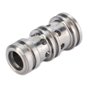 The AGCO Genuine Hydraulic Filter Cartridge (395100600020) is a stainless steel cylindrical mechanical part with multiple holes and grooves, designed to ensure optimal performance in industrial machinery or engineering applications.