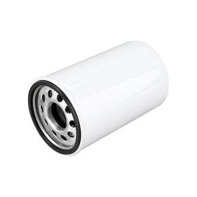 The AGCO Hydraulic Filter Spin On - 3551956M91 is a white cylindrical oil filter featuring a metallic threaded opening and holes around its base, designed to extend machine lifespan and prevent wear and corrosion.