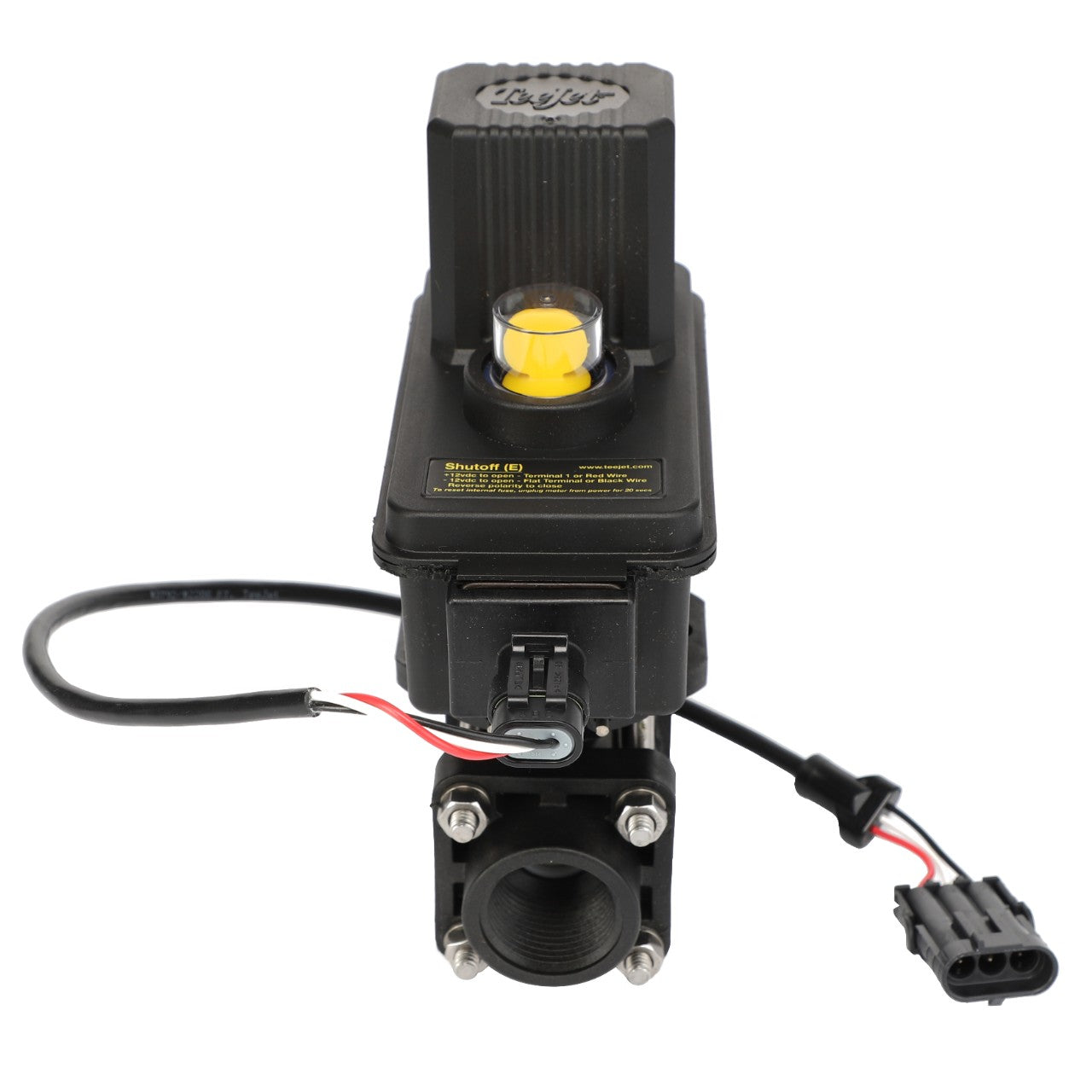 Image of the AGCO | VALVE - AG426406 industrial solenoid valve with wiring connectors and a black housing, featuring a yellow indicator on top. No current product description information is available.