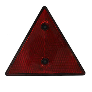 The AGCO | Rear Reflector - 9-1096-0041-1 is a red triangular reflector with two mounting holes, designed for safety use on the rear of vehicles or trailers and is compatible with Massey Ferguson models.