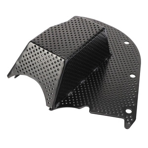 Introducing the AGCO Cowl - Acw1304600, a perforated black metal bracket with multiple holes and an angular design, showcasing a rectangular protrusion in the center.