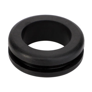 The AGCO | Grommet - 70921230 is a black rubber grommet featuring a central hole, specifically designed to protect wires or cables passing through metal or plastic surfaces. This reliable and durable grommet is ideal for Fendt Fitment and Massey Ferguson models.