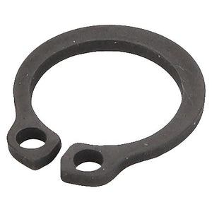 The AGCO CIRCLIP - D42500700 is a black circular snap ring with two holes at the ends, designed to secure components on a shaft or in a bore.