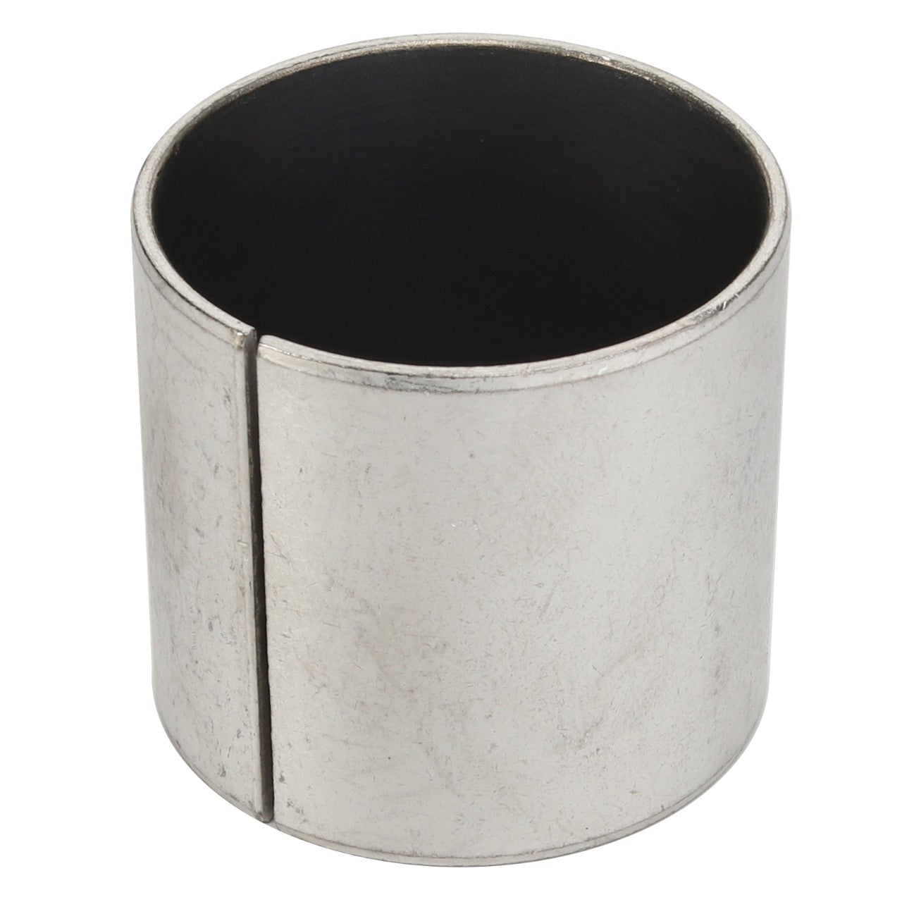 The AGCO | BUSH - D43338400 is a cylindrical metal bushing with a vertical slit on one side. Its surface is smooth and reflective, showing only slight wear marks. No additional current product description information is available from the brand AGCO.