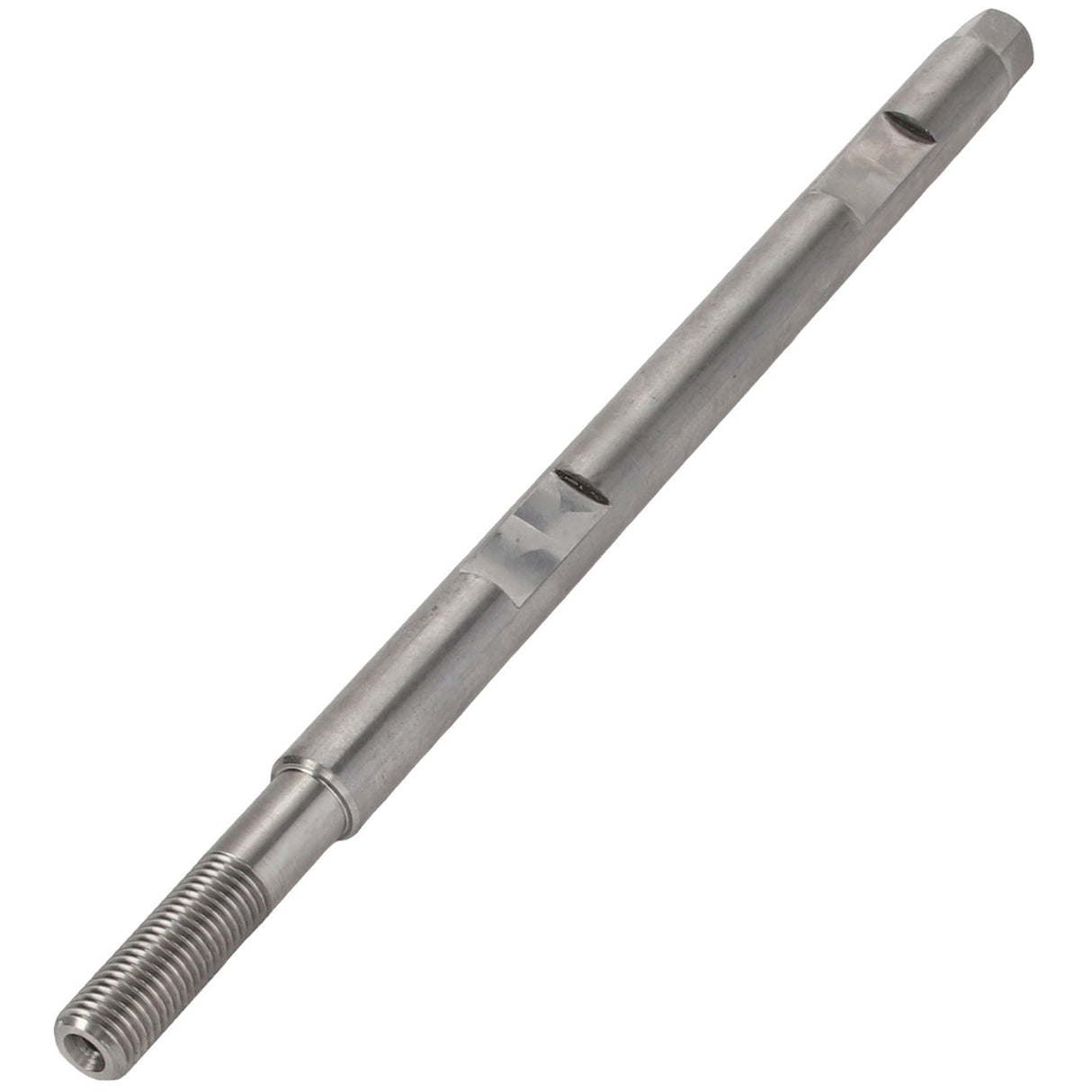 The AGCO JOURNAL - D28785331 is a metal rod featuring a threaded end and multiple notches along its length, demonstrating precise engineering design.