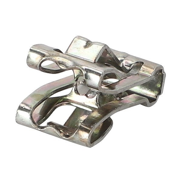 Close-up of the AGCO Fastener - Acw4961880, a metallic presser foot for a sewing machine. The silver foot, with its distinct curved and rectangular shape, shines under the light. No current product description available.