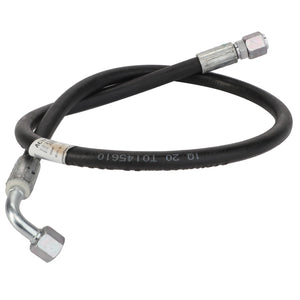 The AGCO Hydraulic Hose - Acw2787110 is a coiled black hose featuring metal connectors on both ends; one connector is straight while the other is angled at a right angle. Currently, there is no additional product description information available.