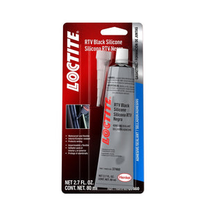 A packaged tube of AGCO Loctite® RTV Black Silicone Sealant. The package includes an 80 mL silver tube labeled in red and white, along with a nozzle for easy application. For ordering information or assistance, please contact our support team and reference product number ACP0038650 (US Only).