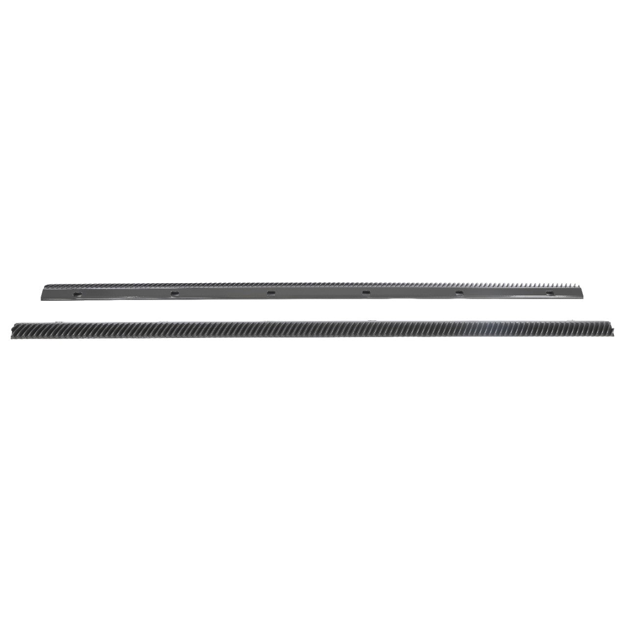 Two long, thin, metallic AGCO | Pair Of Bars - La313241800 with serrated edges are displayed against a white background. One bar features evenly spaced holes. No current product description available for this product from the brand AGCO.