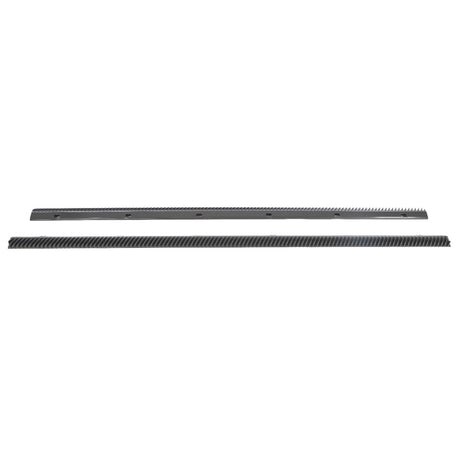 Two long, thin, metallic AGCO | Pair Of Bars - La313241800 with serrated edges are displayed against a white background. One bar features evenly spaced holes. No current product description available for this product from the brand AGCO.