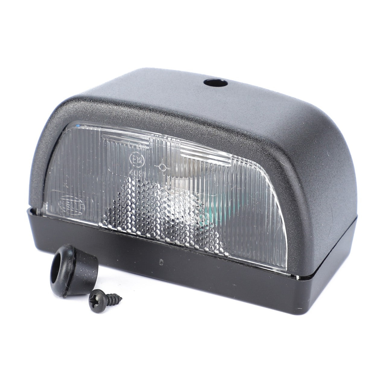 The AGCO Light, License Plate, Bulb 12V 10W - G312900220020 includes a black rectangular automotive light cover with a clear lens, a screw, and a small black cap, ensuring optimal tractor number plate visibility for various Fendt models.