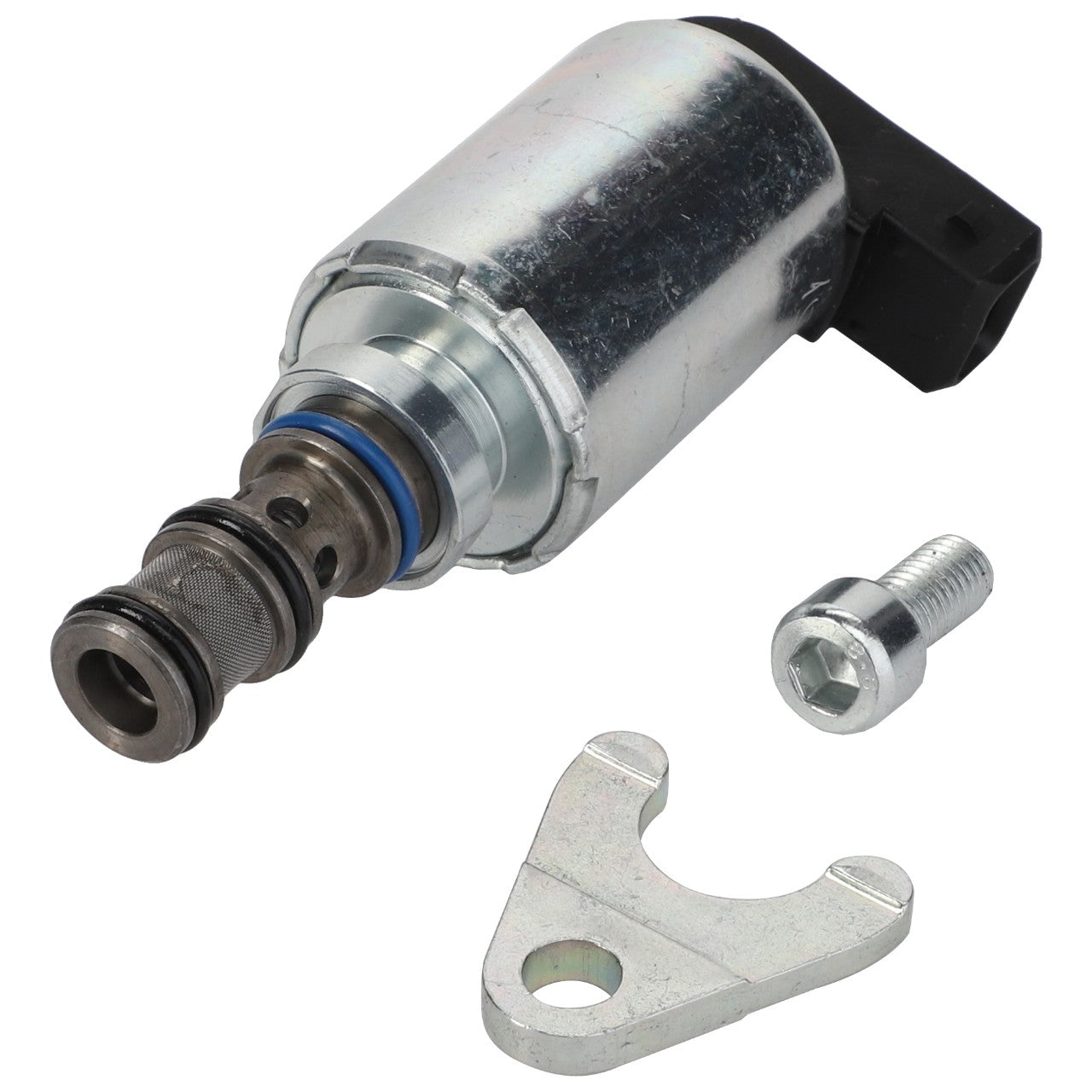 A metallic car component with a cylindrical shape, identified as the AGCO Solenoid Valve - 4366393M2, is accompanied by a high-quality bolt and a Y-shaped bracket, all positioned against a white background.