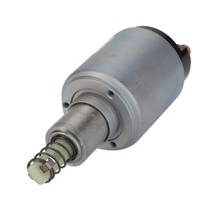 A cylindrical metal component named AGCO | STARTER SOLENOID - F716900060050, featuring a spring and protruding shaft, potentially integral to a precise mechanical or industrial assembly.