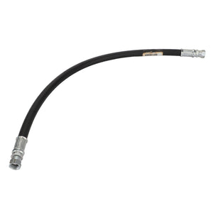 The AGCO Hydraulic Hose - Acp0008060 is a black, flexible hose featuring silver metal connectors at both ends and a slightly curved design. No current product description available.