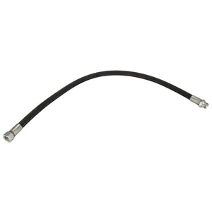 The AGCO HOSE - AL1103187 is a flexible black rubber hose equipped with metal connectors on both ends, ideal for fluid or gas transfer applications.