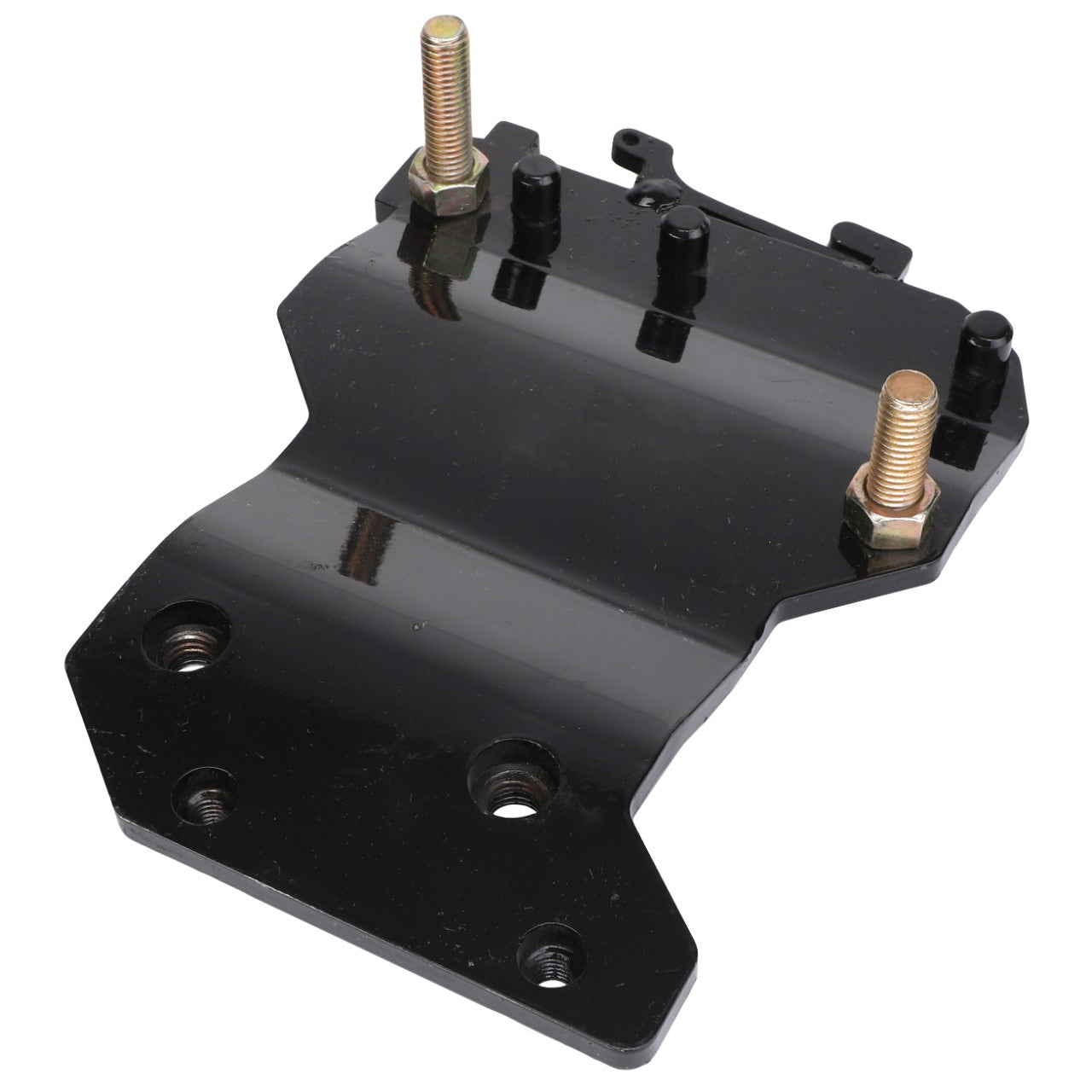 The AGCO Backing Plate, Left Hand - Acp0001300 features a sleek black metal design with three sturdy bolts protruding from the top, perfectly engineered for secure installation.