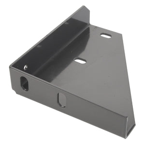 No current product description information is available, but the AGCO | BRACKET - D28185382 by AGCO features a black metal design with multiple cut-outs and mounting holes. This triangular-shaped bracket includes flanges extending from each side.