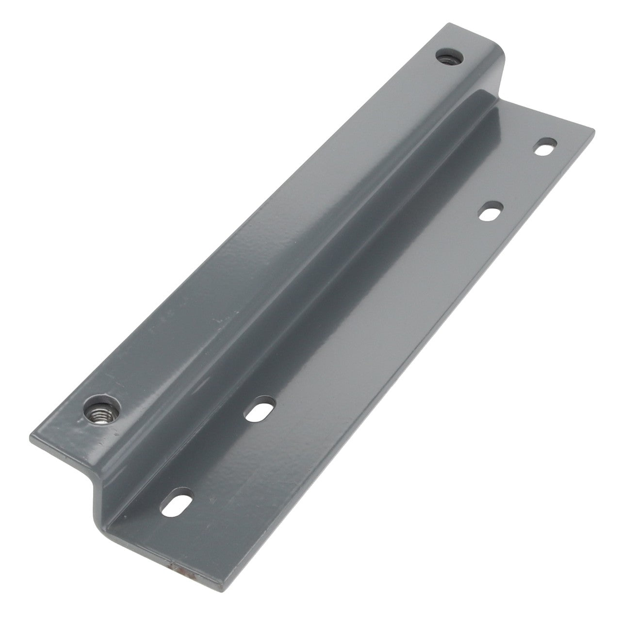 A grey metal L-bracket with multiple holes for mounting, known as the AGCO BRACKET - D28185630, though no current information is available about its specific applications.