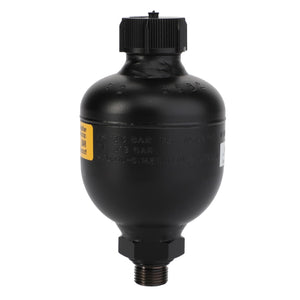 Introducing the AGCO Accumulator - Acw2922260: a black, spherical pressure vessel featuring a threaded bottom connection and a textured knob on top. Currently, product description information is not available.