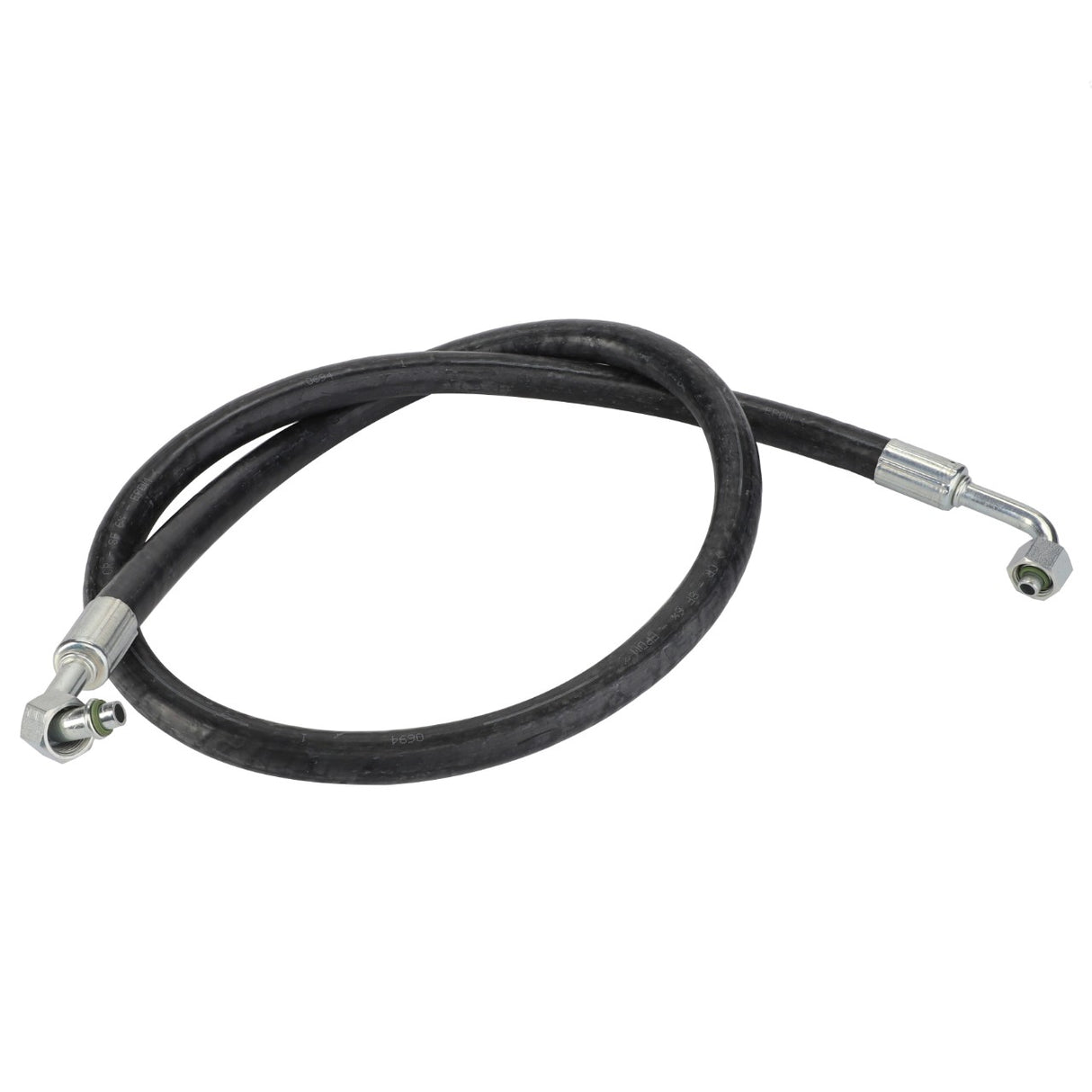 The AGCO | HYDRAULIC HOSE - D45080066 is a black hydraulic hose featuring metal fittings on both ends—one straight and the other angled. No current product description information is available.