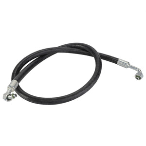 The AGCO | HYDRAULIC HOSE - D45080066 is a black hydraulic hose featuring metal fittings on both ends—one straight and the other angled. No current product description information is available.