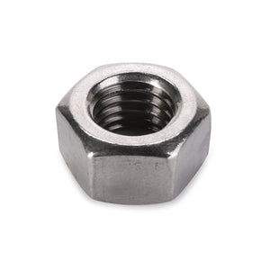 A close-up image of the AGCO | HEX NUT - AG562045, a robust, metallic hexagonal nut with precise internal threading, ideal for secure fastening purposes.