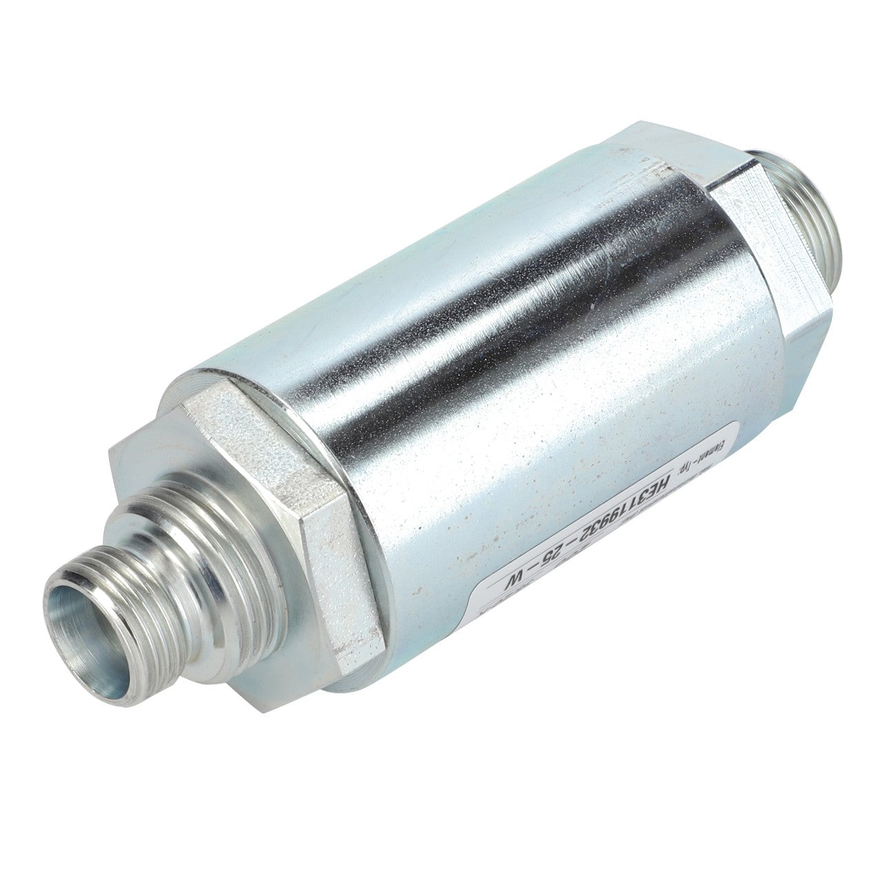 The AGCO Hydraulic Filter In Line Strainer - Acw8493100, a cylindrical metal pressure sensor with threaded ends designed for industrial applications, now incorporates a two-filtration system. It features a label with identification markings and boasts a silver finish.