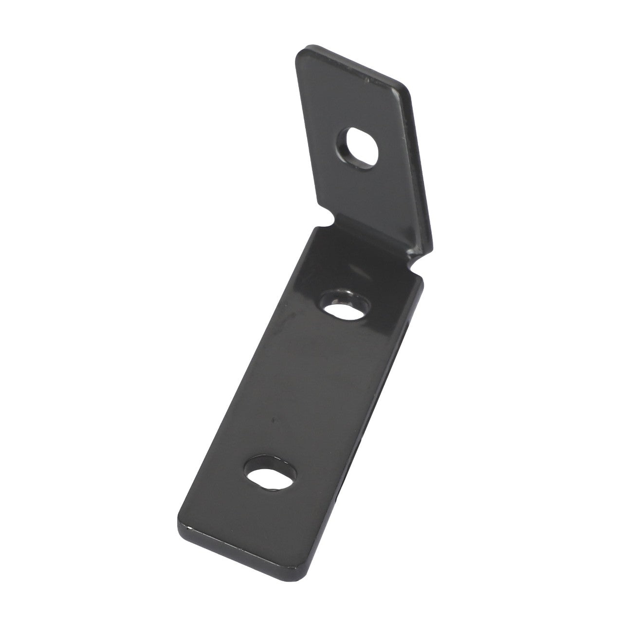 The AGCO Corner - Acx2870840 is a black metal bracket featuring three circular holes, with two located on the main horizontal section and one on the vertical section.