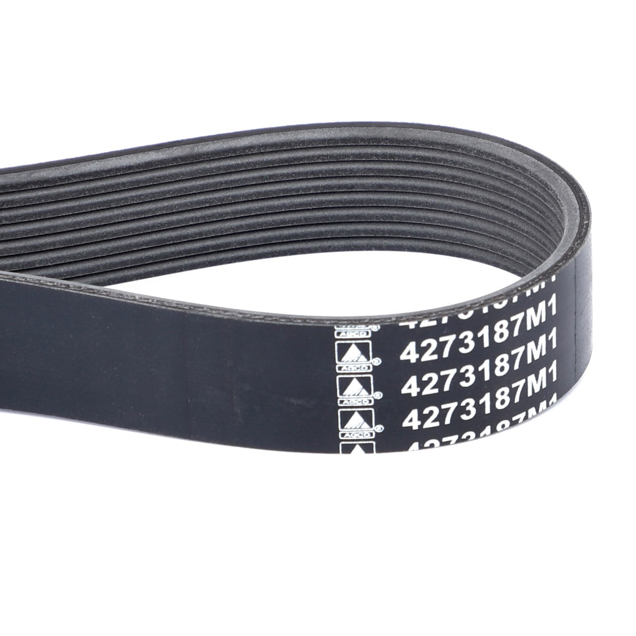 Close-up of a black, ribbed drive belt with white printed numbers and symbols, looped or coiled. The AGCO Genuine Serpentine Belt, Pk8 Profile - 4273187M1 is designed for Fendt Models and Massey Ferguson Models.