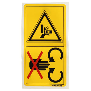 Yellow caution sign for AGCO | DECAL - D49100175: The top section depicts a hand being cut by a sharp object, while the bottom section illustrates a hand with a red cross, signaling to keep hands away from rotating gears. Additional product details are not available beyond this visual warning.