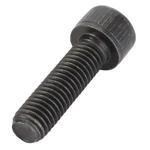 The AGCO Bolt - Acp0445620 is a black, metal, threaded screw with a ridged cylindrical head, shown against a plain white background. Product description is currently unavailable.