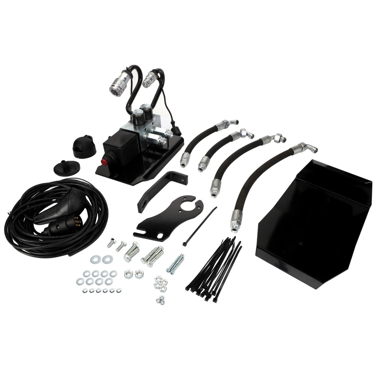 Product AGCO | KIT, VALVE - AL313413, featuring various automotive parts including hoses, cables, bolts, a bracket, and a black metal plate arranged on a white background. Please note that no current product description information is available.