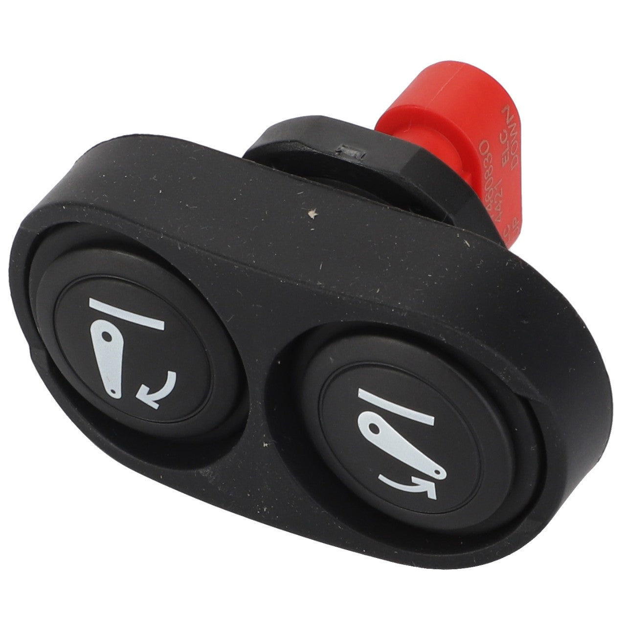 The AGCO Lift Switch - Acw7460830 features a black dual rocker design with two circular buttons, each marked with icons depicting upward and downward arrow motions. It also includes a red component on the backside. No current product description information is available.