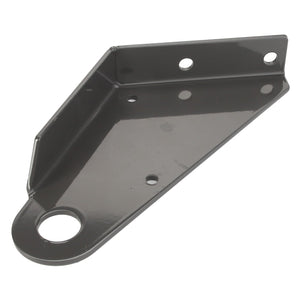 The AGCO | BRACKET, RIGHT HAND - D46150521 is an angled metal bracket painted black. It features four holes for mounting purposes: three on the flat base and one on the vertical side. No further product description information is currently available.