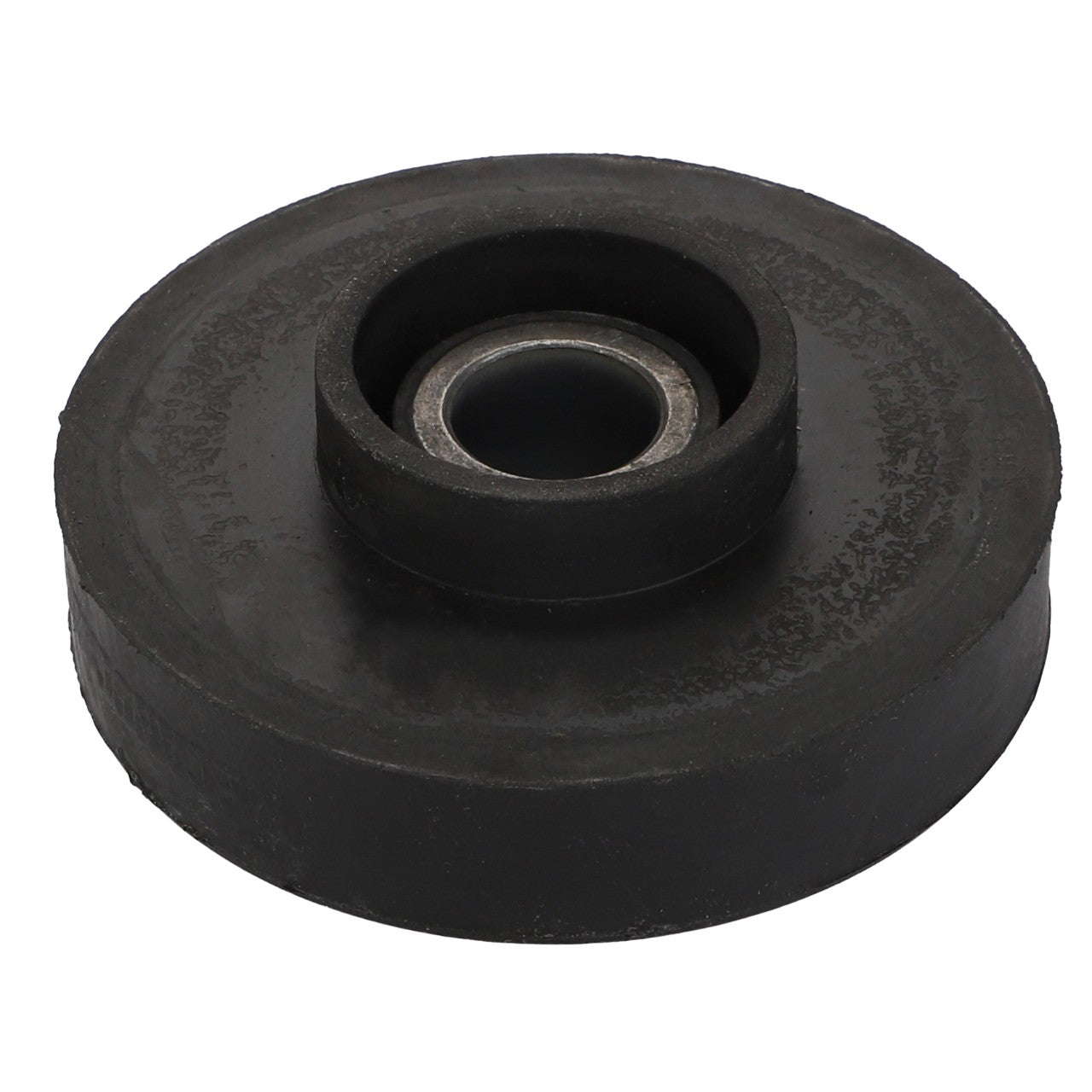 The AGCO Vibration Mount - Acp0674250 features a sleek black rubber wheel with a central metal bearing, viewed from above.