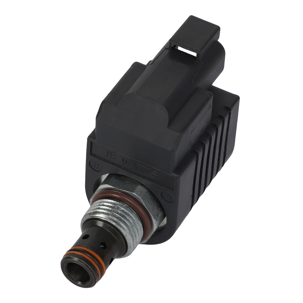 The AGCO Solenoid Valve - AG727287 is a black automotive electronic component with a metal connector end and an orange ring seal, built to meet OE quality performance standards.