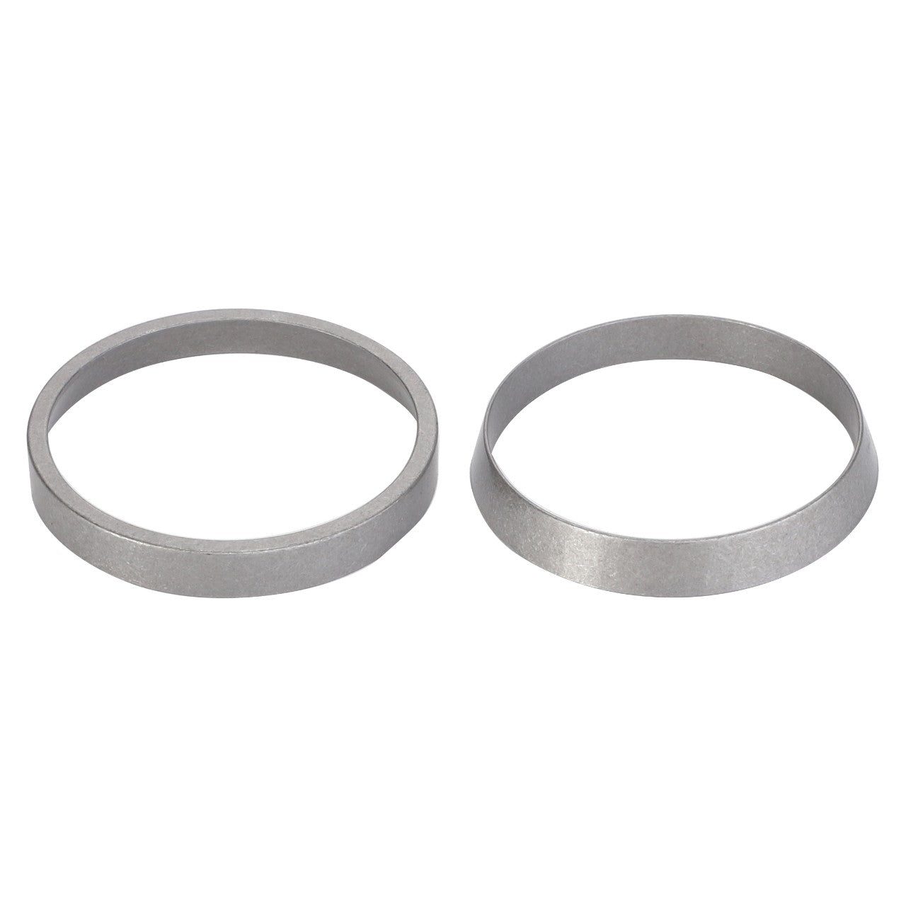 Two silver, circular metal components, one flat and one conical, are placed side by side on a white background. These components exemplify AGCO Parts Genuine quality, ensuring maximum uptime and peak efficiency for your machinery. Introducing the AGCO | Tightener, Beater Pulley - D42595900 from AGCO.